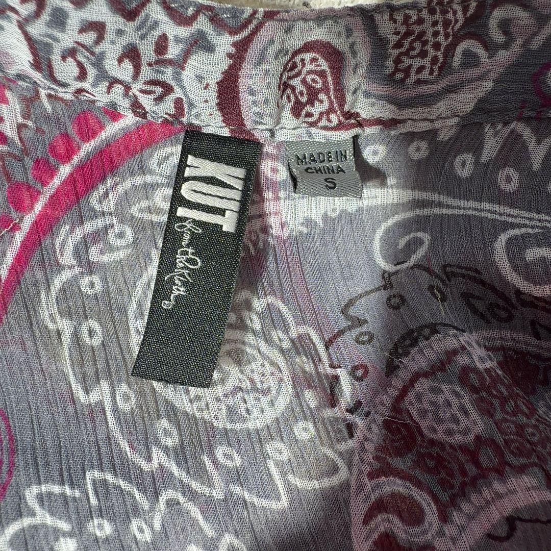 Burgundy paisley print wrap blouse back view showing gathered wrap design