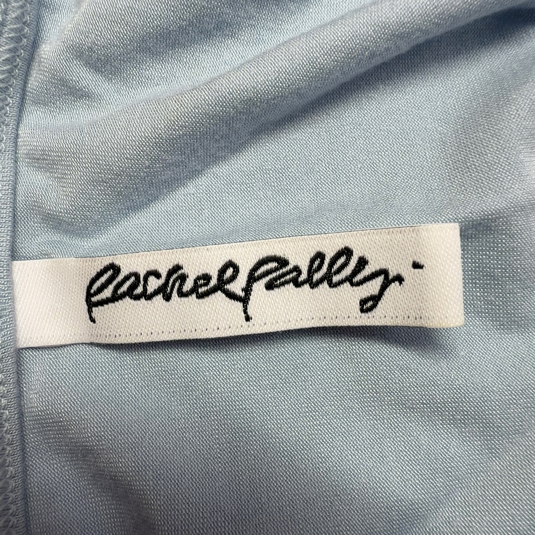 Tag view of blue-gray Rachel Pally modal wrap maxi dress showing elegant draping and floor-length silhouette