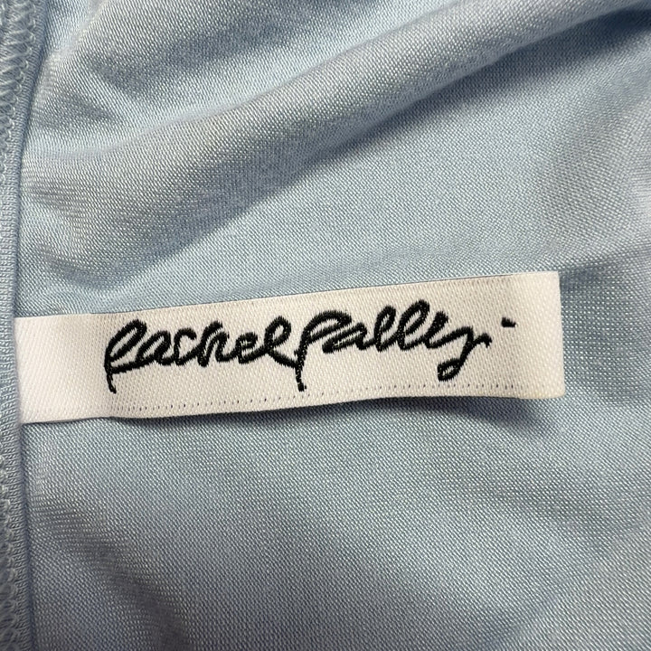 Tag view of blue-gray Rachel Pally modal wrap maxi dress showing elegant draping and floor-length silhouette