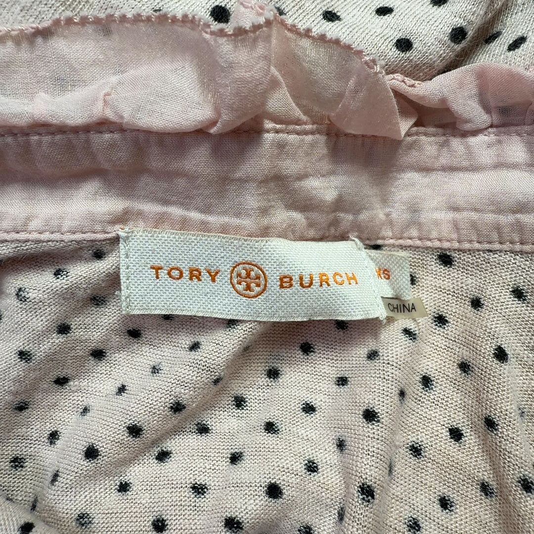 Tory Burch cream polka dot short sleeve top with ruffled collar detail, back view