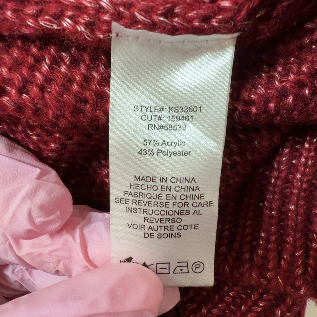 Burgundy ribbed knit pullover sweater back view, showing relaxed fit and textured knit pattern