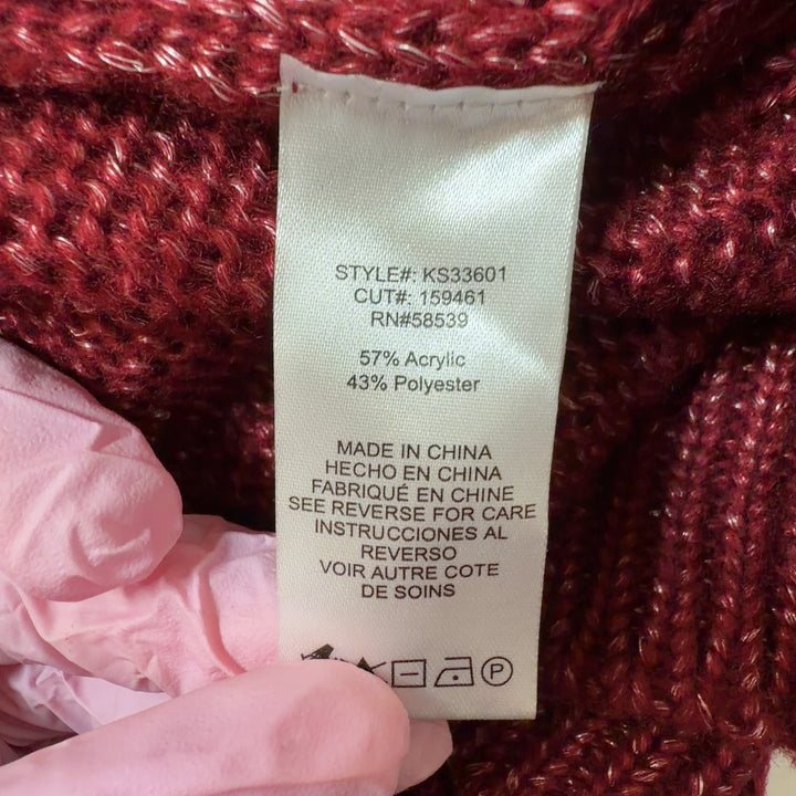 Burgundy ribbed knit pullover sweater back view, showing relaxed fit and textured knit pattern