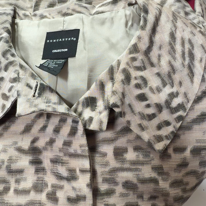 Tag view of beige leopard print DonCaster jacket showing structured fit and long sleeves