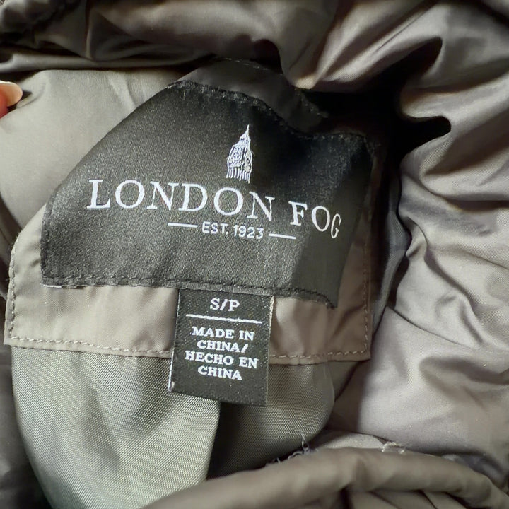 Olive down puffer coat with faux fur-trimmed hood, back view, quilted design by London Fog