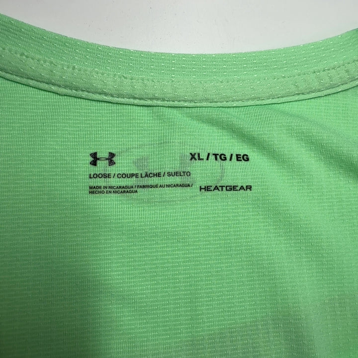 Mint green Under Armour v-neck activewear t-shirt back view on model, size XL