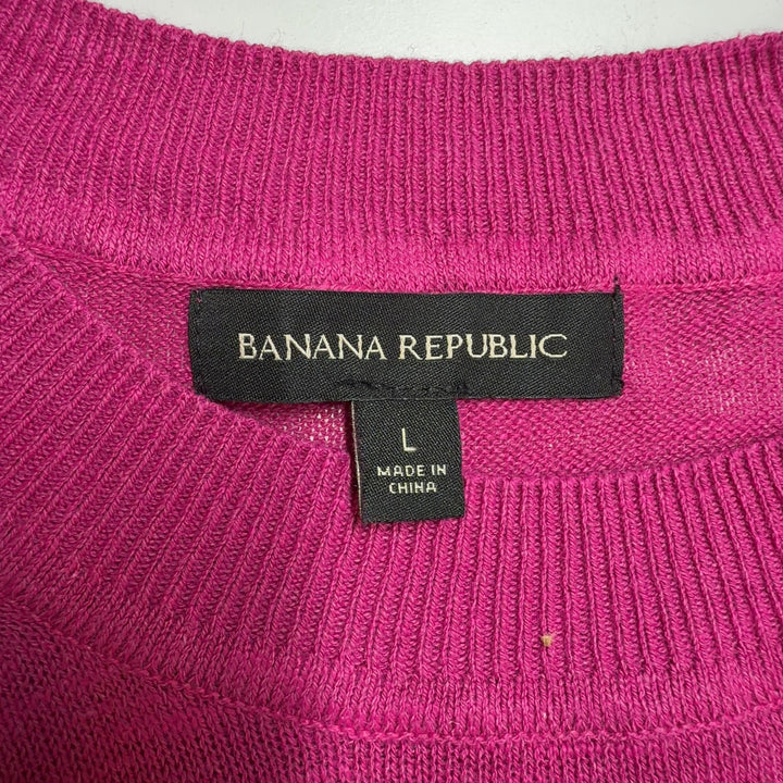 Tag view of pink short sleeve linen rayon knit top by Banana Republic, size L, showing relaxed fit