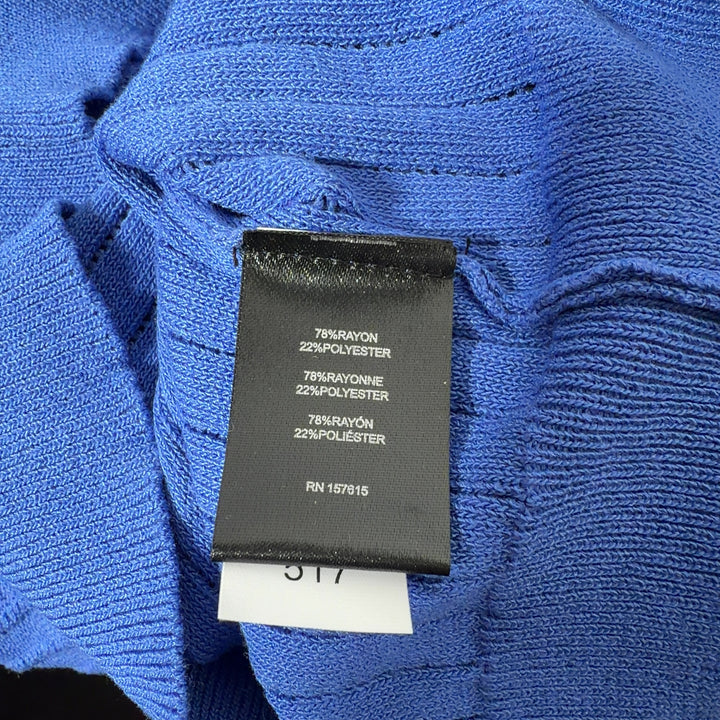 Blue ribbed knit button-up cardigan with notch collar and short sleeves, back view