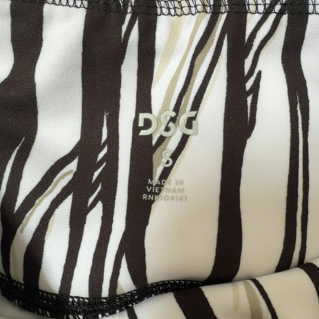 White and black striped DSG capri leggings with high-waisted design, side view