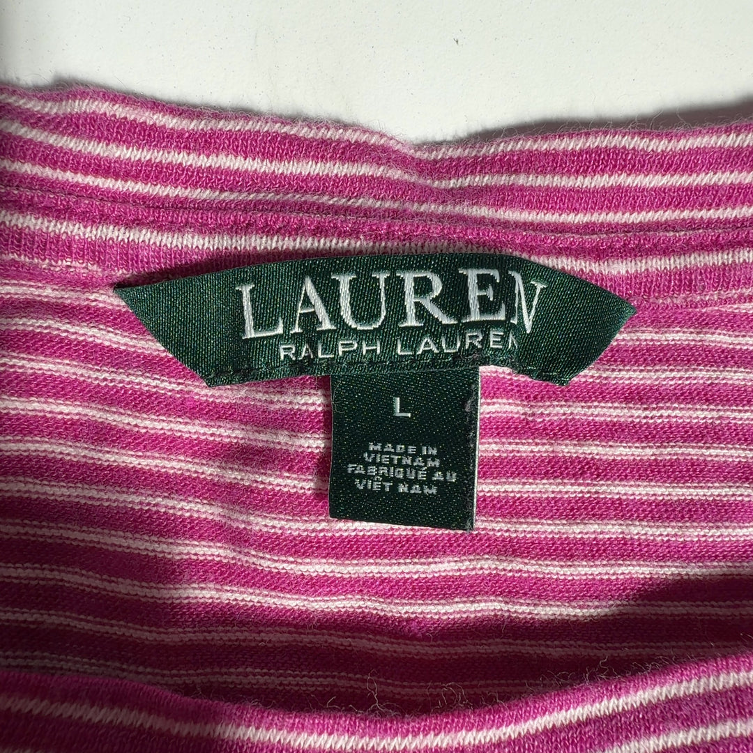 Lauren Ralph Lauren pink and white striped short sleeve top, back view showing relaxed fit