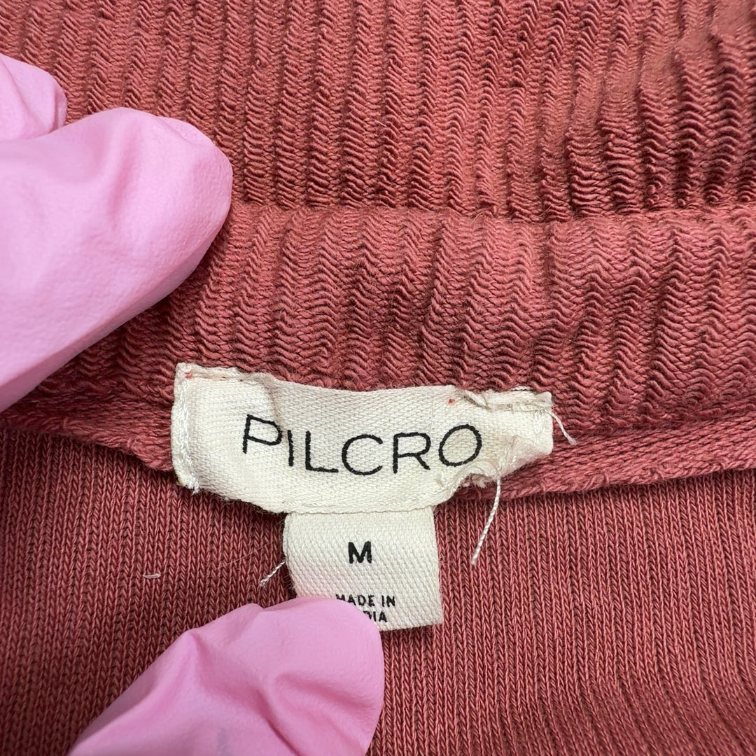 Rust cotton button-up shirt dress by Pilcro with long sleeves and relaxed fit, back view