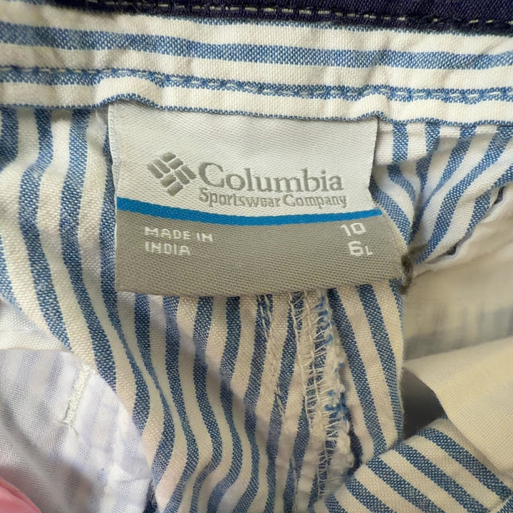 Tag view of blue and white striped cotton shorts by Columbia with functional pockets