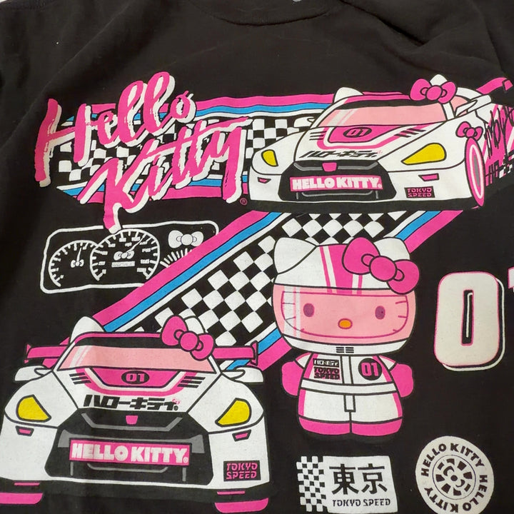 Black Hello Kitty racing graphic t-shirt back view showing coordinating racing design elements and graphics