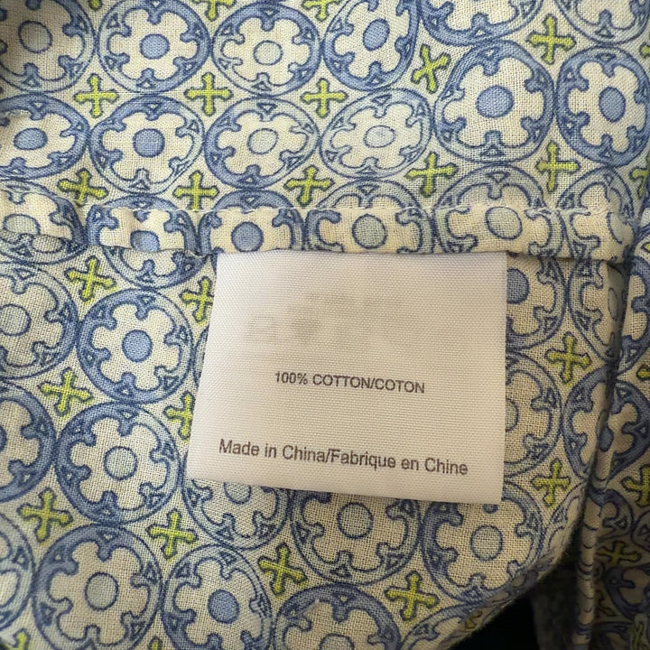 Tory Burch blue geometric cotton button-up shirt back view, showing relaxed fit and long sleeves