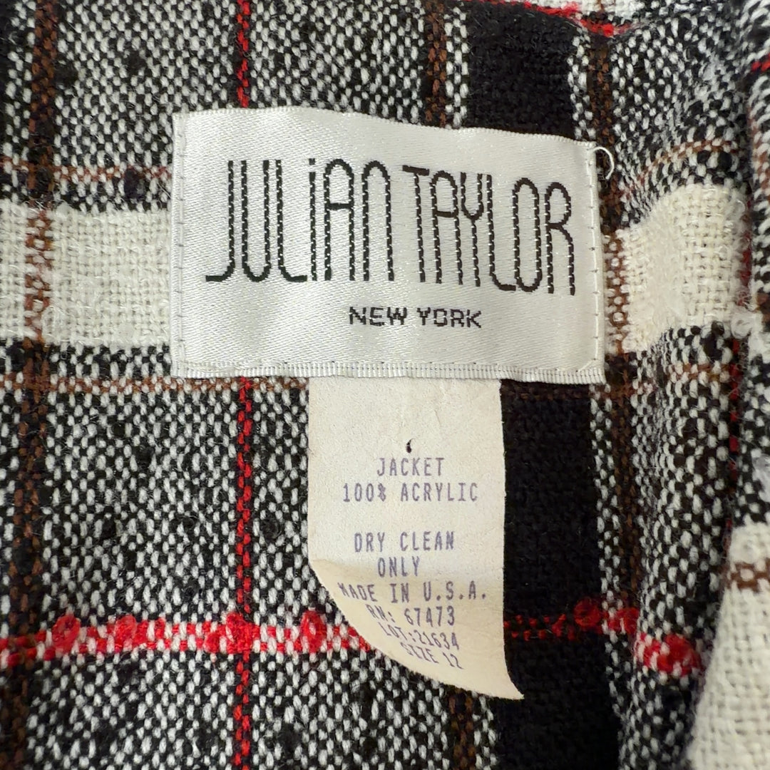 Tag view of Julian Taylor multicolor plaid cropped blazer jacket showing the full plaid pattern and tailored fit