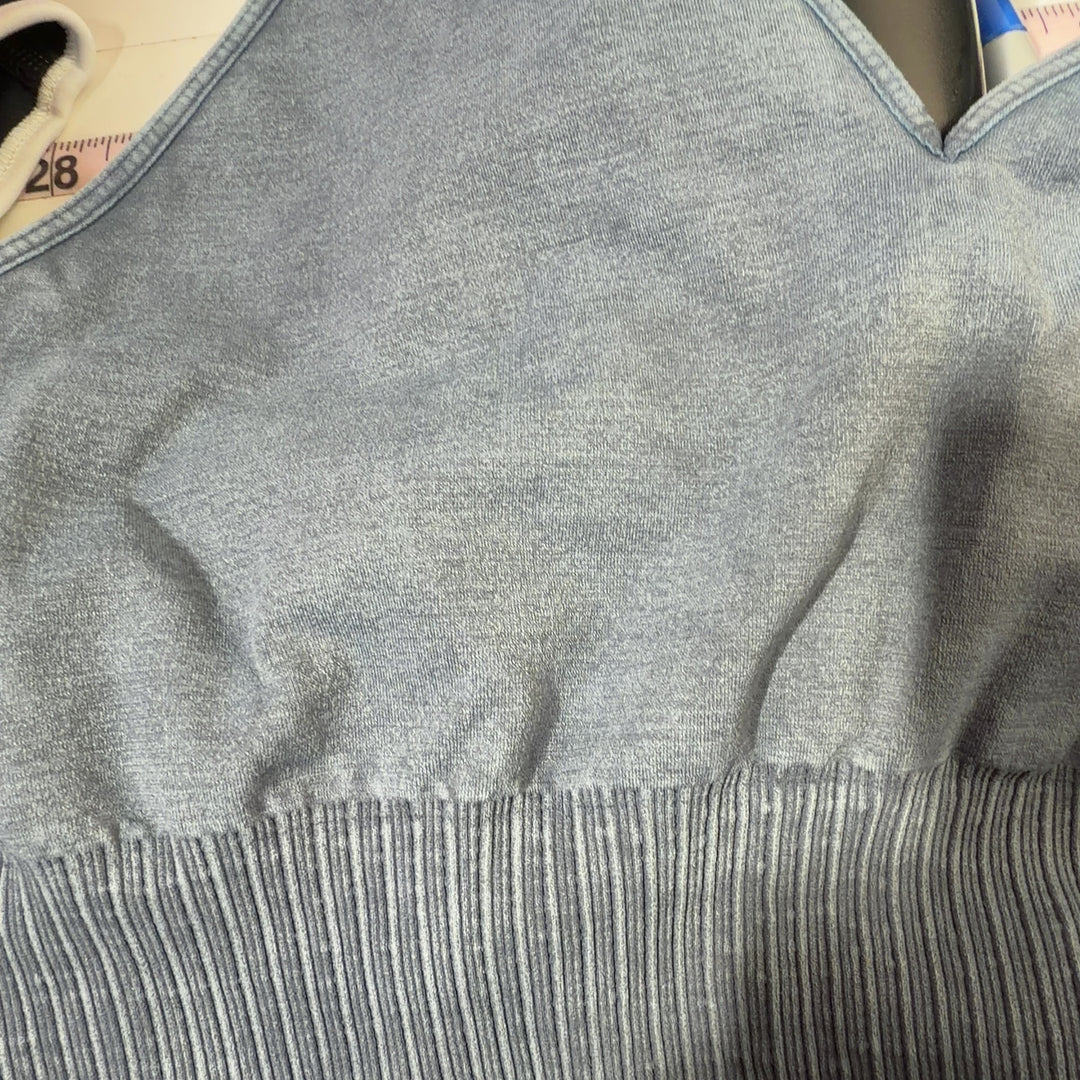 Blue ribbed crop tank top with V-neckline and spaghetti straps, back view
