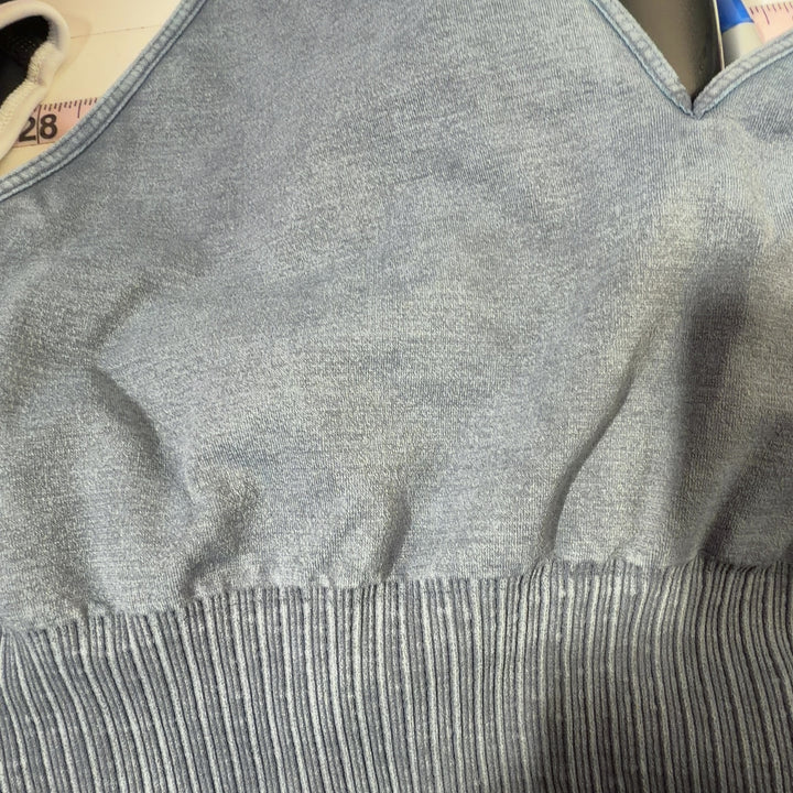 Blue ribbed crop tank top with V-neckline and spaghetti straps, back view