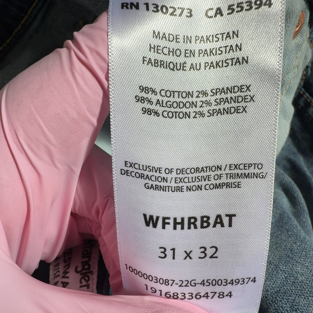 Tag view of blue Wrangler flare jeans showing classic denim construction and flared leg silhouette