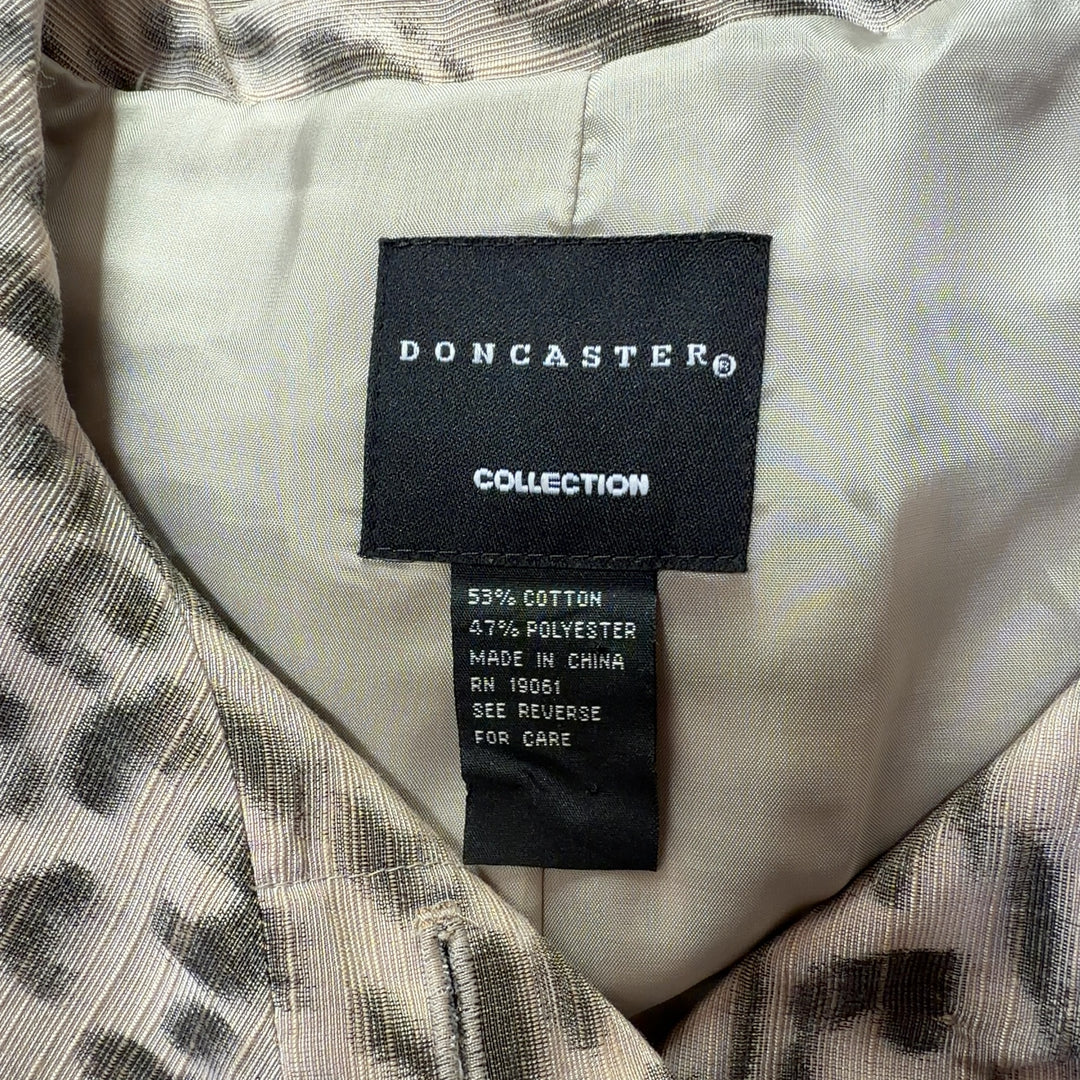 Tag view of beige leopard print DonCaster jacket showing structured fit and long sleeves