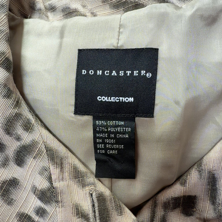 Tag view of beige leopard print DonCaster jacket showing structured fit and long sleeves