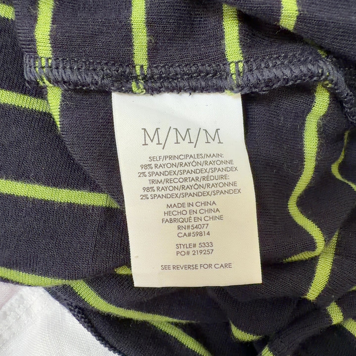 Black and lime green striped Cabi rayon top with asymmetrical hemline, back view