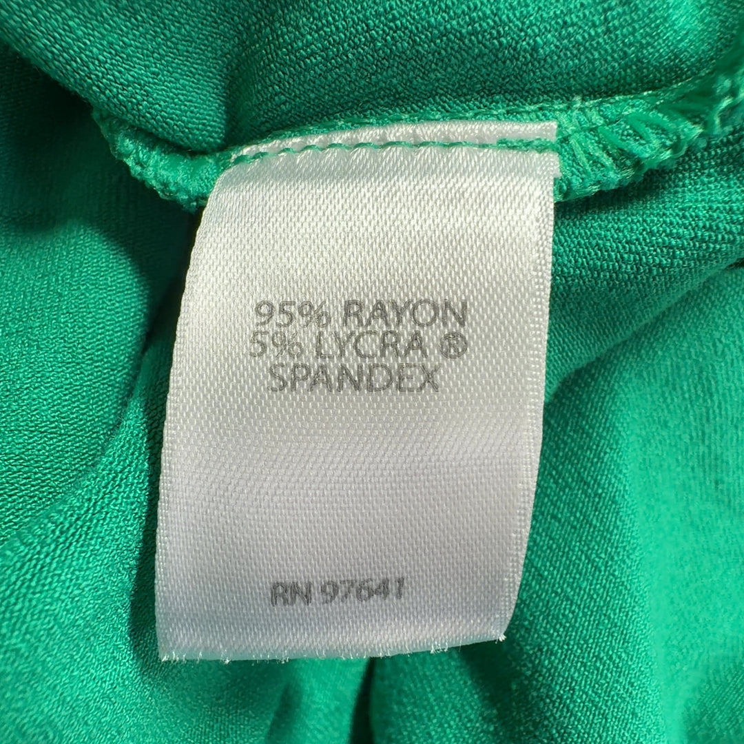 Tag view of teal rayon A-line shift dress showing relaxed fit and knee-length cut