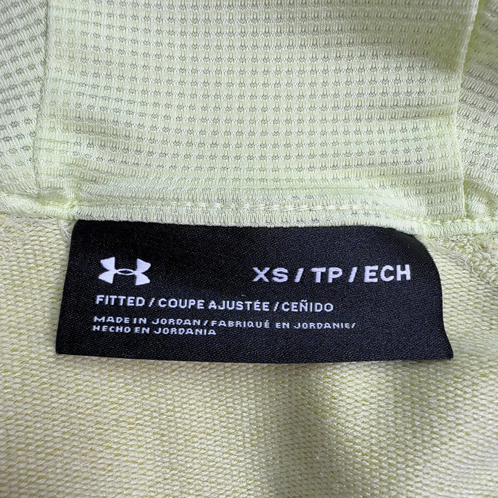 Tag view of yellow Under Armour athletic hoodie jacket with adjustable drawstring hood