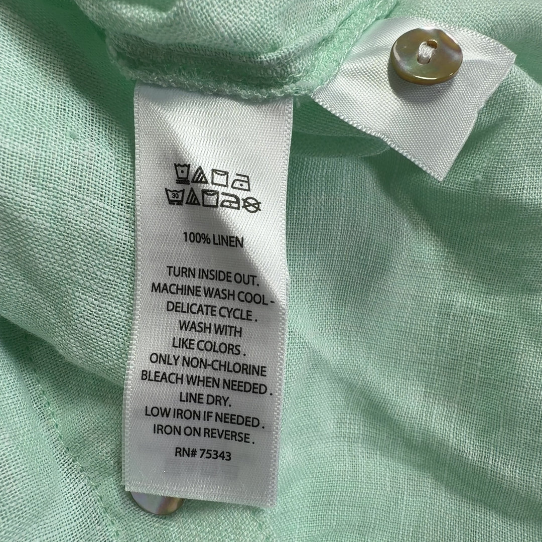 Mint green linen button-up crop shirt by Cynthia Rowley, back view displaying relaxed fit and full-length sleeves