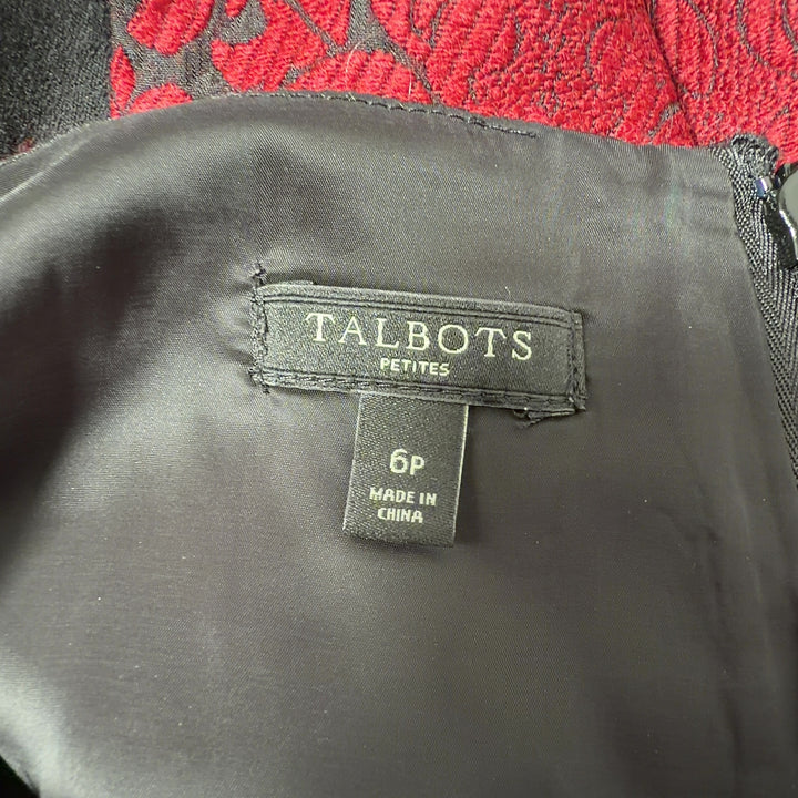 Red damask sleeveless shift dress by Talbots, back view displaying color-block design with black panel detail