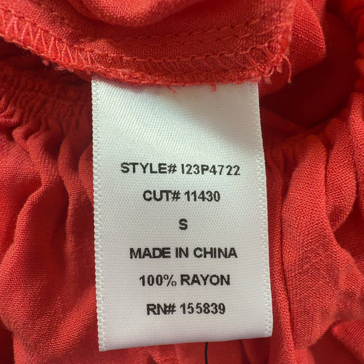 Red rayon bubble hem romper with draped back detail, back view