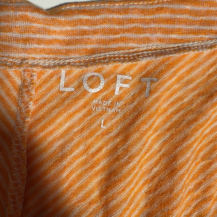 Gold striped V-neck short sleeve top from LOFT, size L, back view displaying the relaxed silhouette and striped pattern