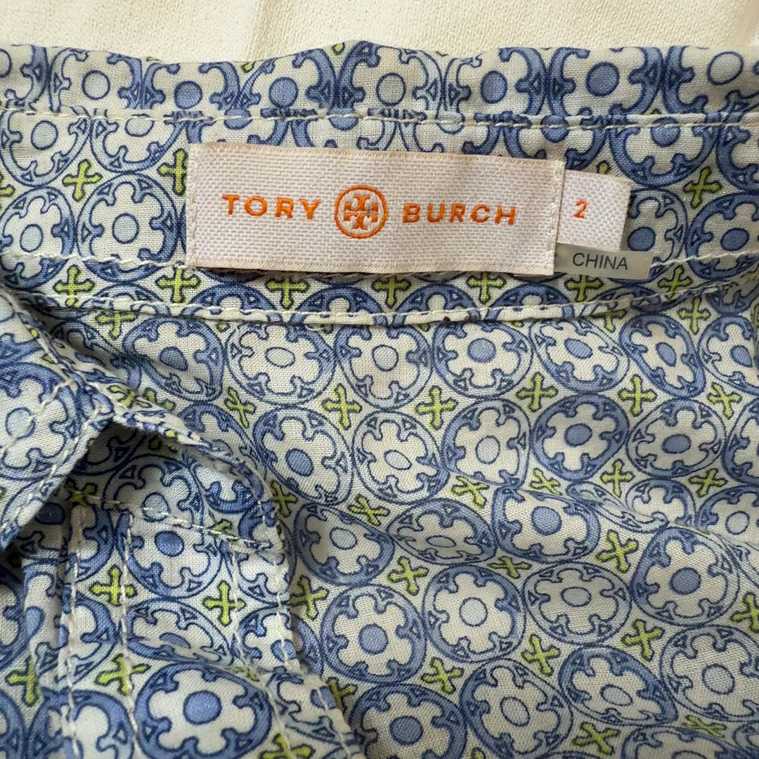 Tory Burch blue geometric cotton button-up shirt back view, showing relaxed fit and long sleeves