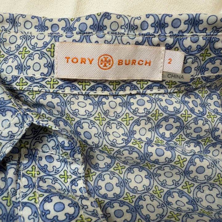 Tory Burch blue geometric cotton button-up shirt back view, showing relaxed fit and long sleeves
