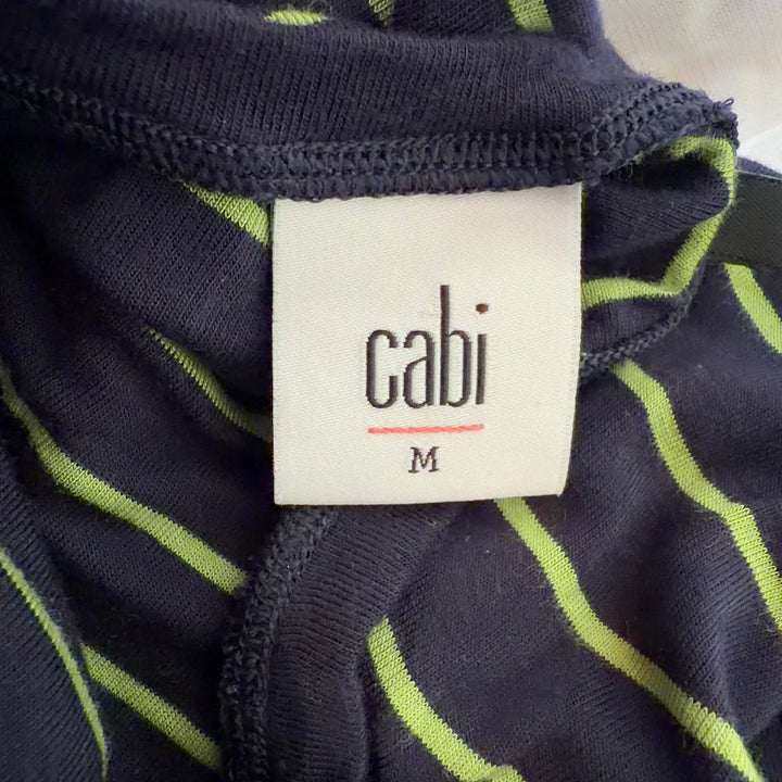 Black and lime green striped Cabi rayon top with asymmetrical hemline, back view