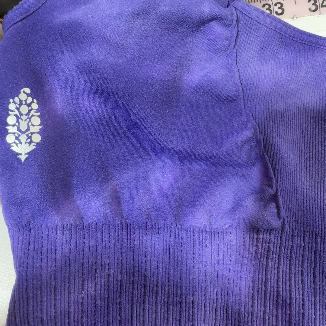 Purple tie-dye crop sports bra with square neckline, back view showing supportive design