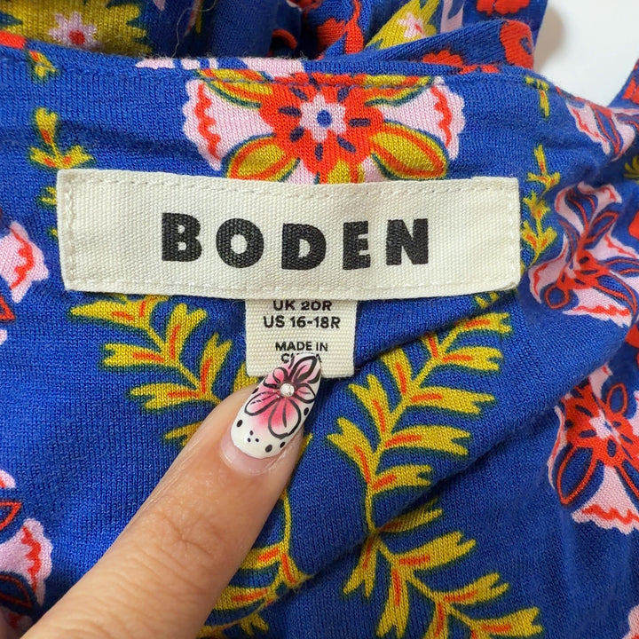 Tag view of blue multicolor geometric print Boden midi dress showing A-line silhouette and tribal pattern details