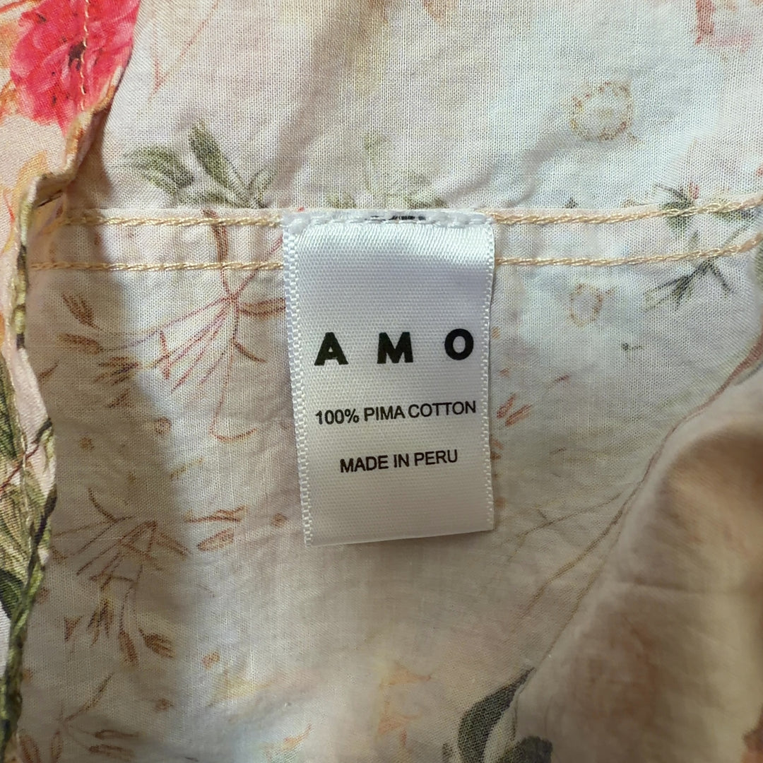 Cream floral Pima cotton button-up top by Amo, back view showing relaxed fit and long sleeves