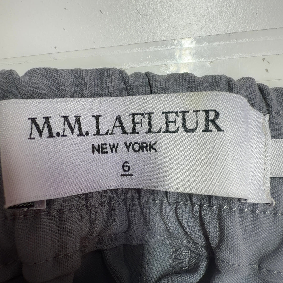 Tag view of gray tailored dress pants with elastic waistband from MM. LaFleur, size S