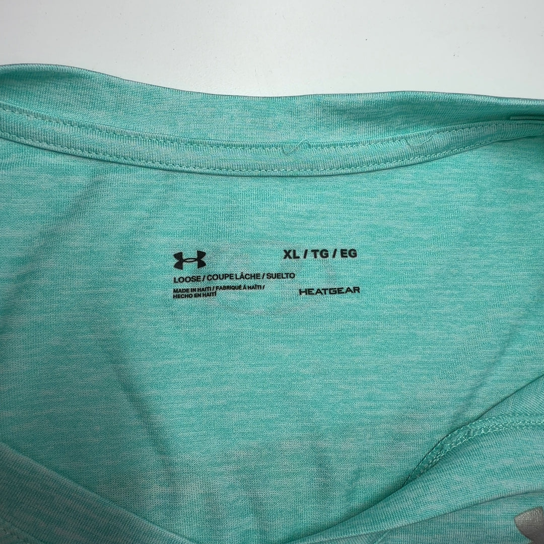 Mint green Under Armour V-neck athletic tee back view, showing relaxed fit and heathered texture