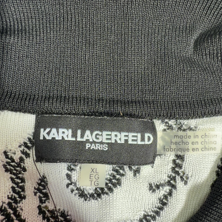 Black and white baroque patterned Karl Lagerfeld Paris pullover top with ribbed cuffs and hem, back view