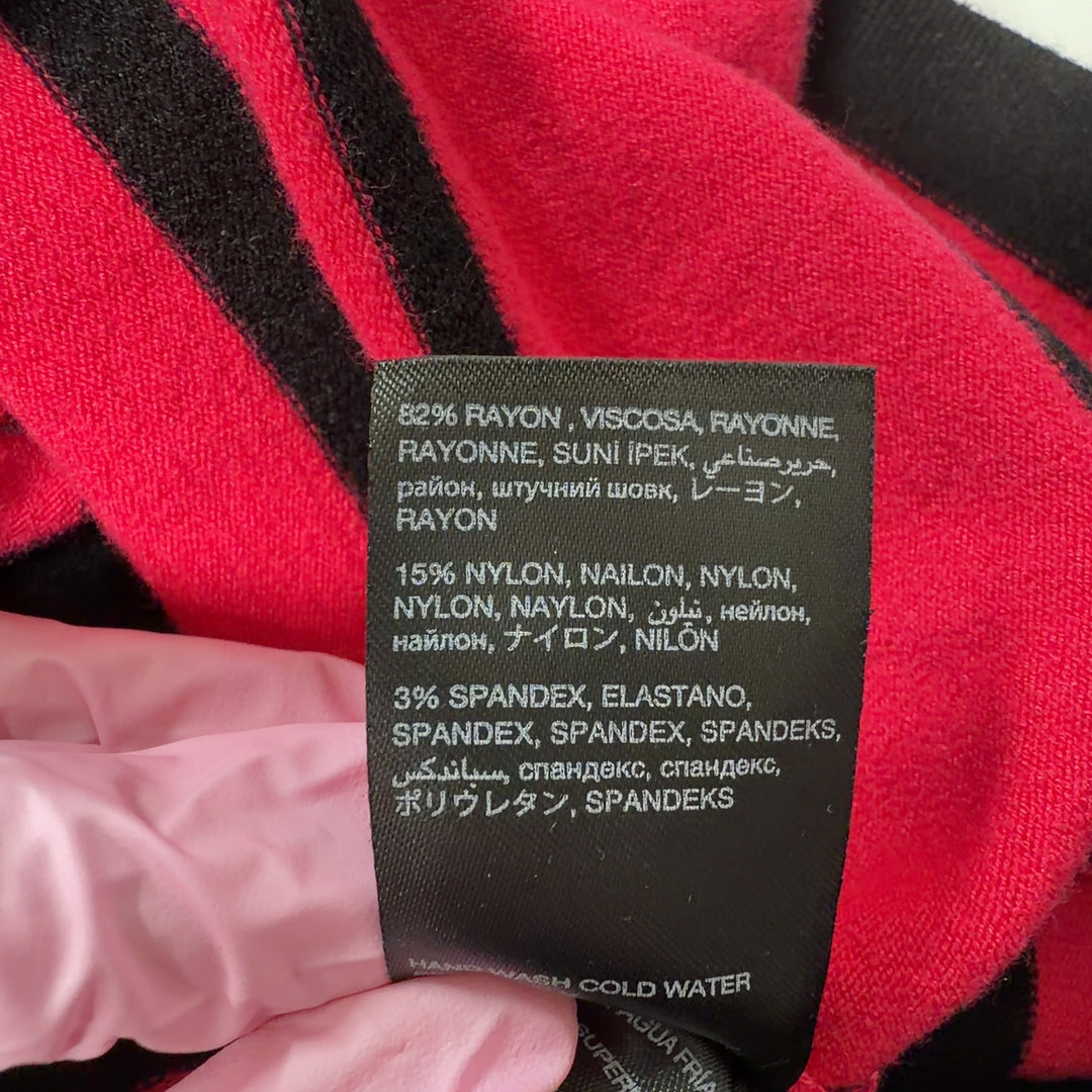 Red and black striped Bebe knit dress with sleeveless design and fitted back view