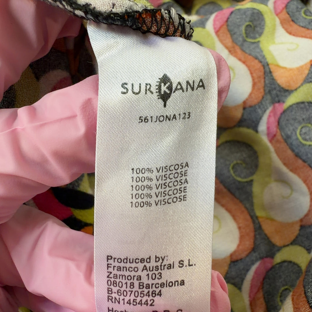Tag view of multicolor abstract print Surkana shirt showing relaxed fit and full pattern design