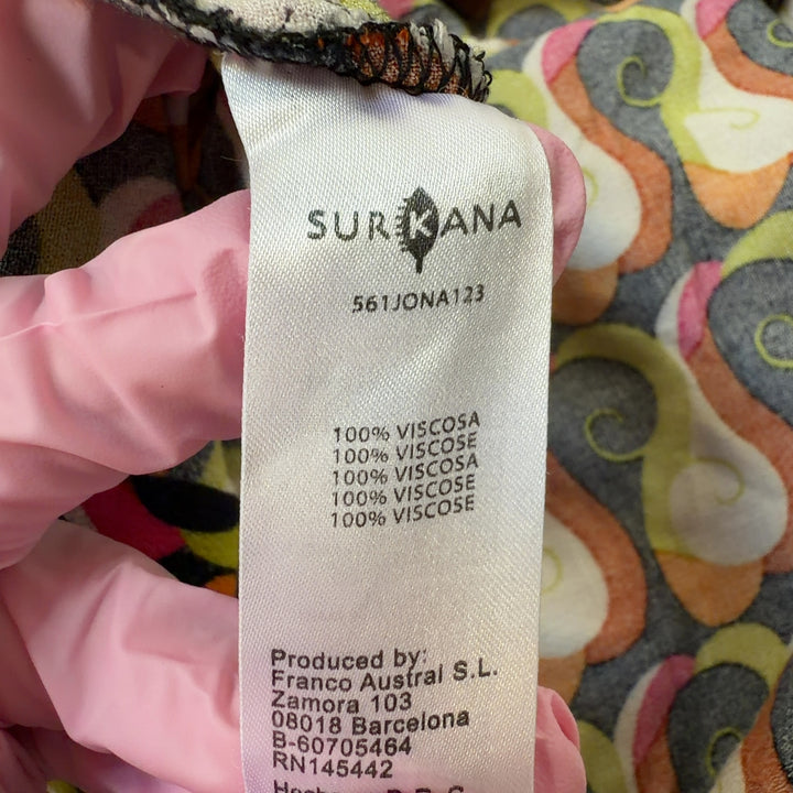 Tag view of multicolor abstract print Surkana shirt showing relaxed fit and full pattern design