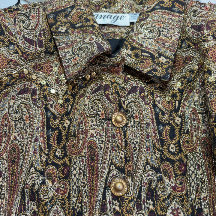 Gold paisley cotton button-up shirt with long sleeves and cropped fit, back view