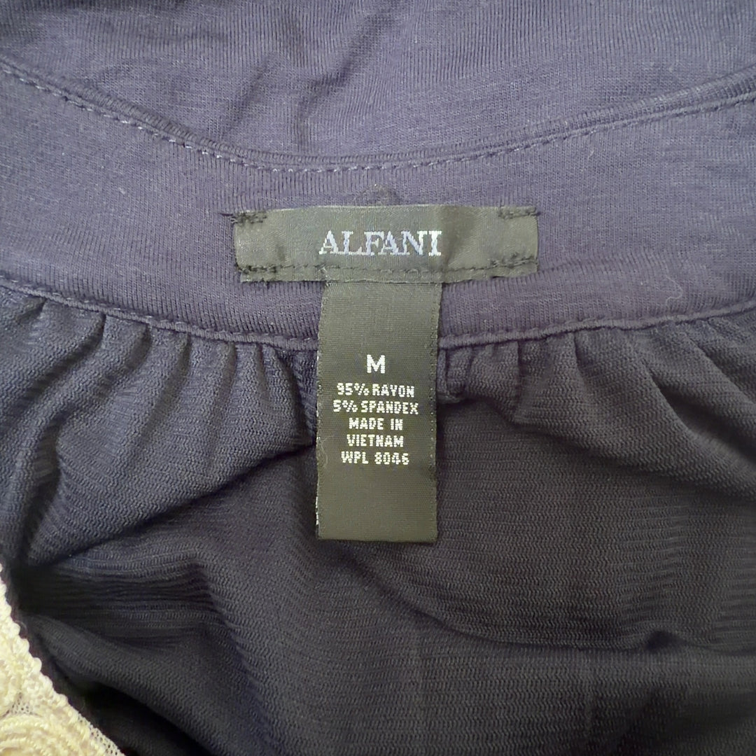 Tag view of navy Alfani tank top showing cream beaded neckline detail and relaxed fit silhouette