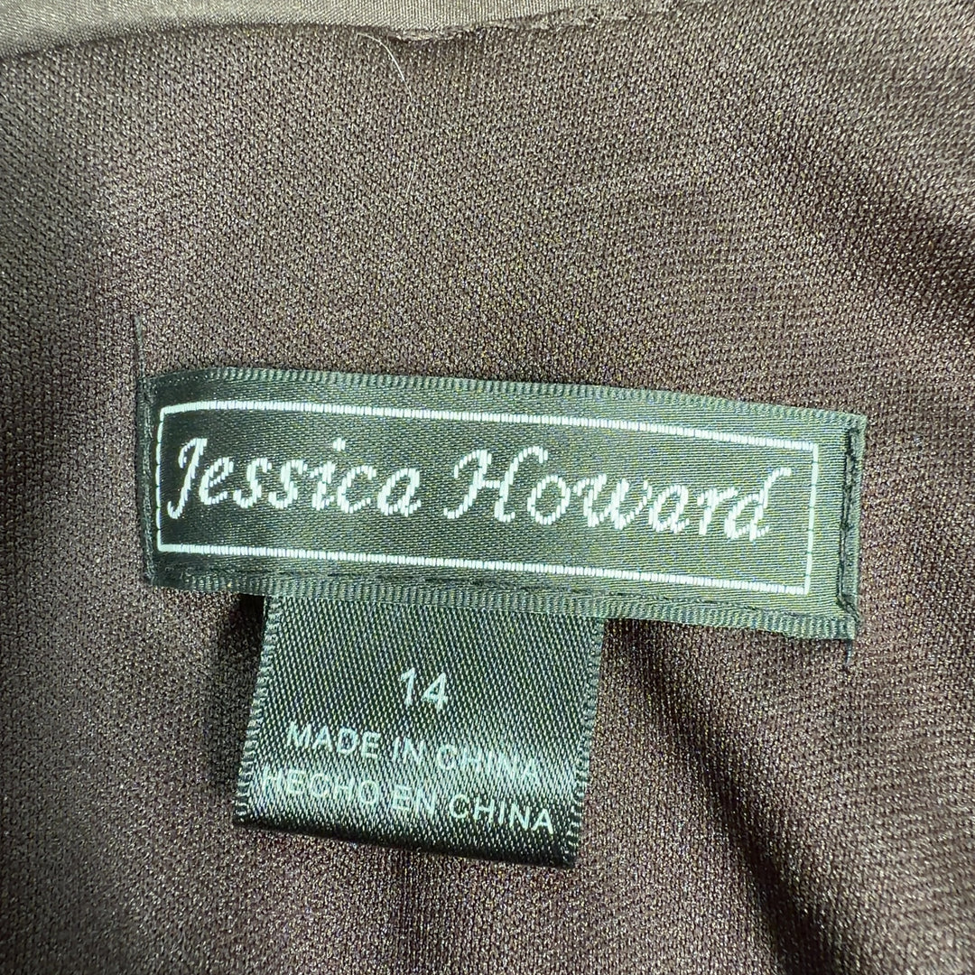 Tag view of brown wrap midi dress showing ruched waist detail and flowing A-line skirt