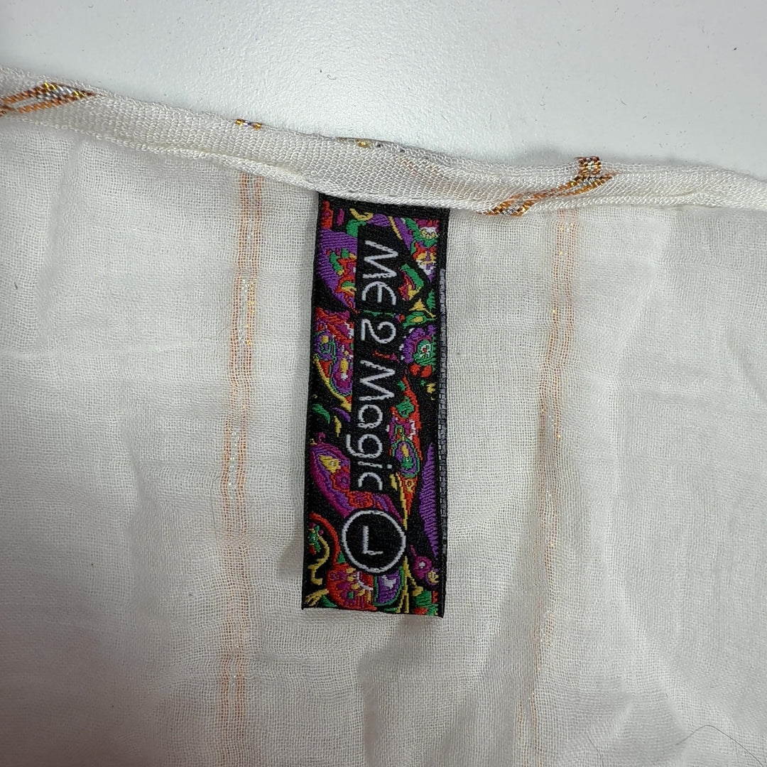 Tag view of cream viscose maxi dress showing tie closure and flowing tiered lace panels