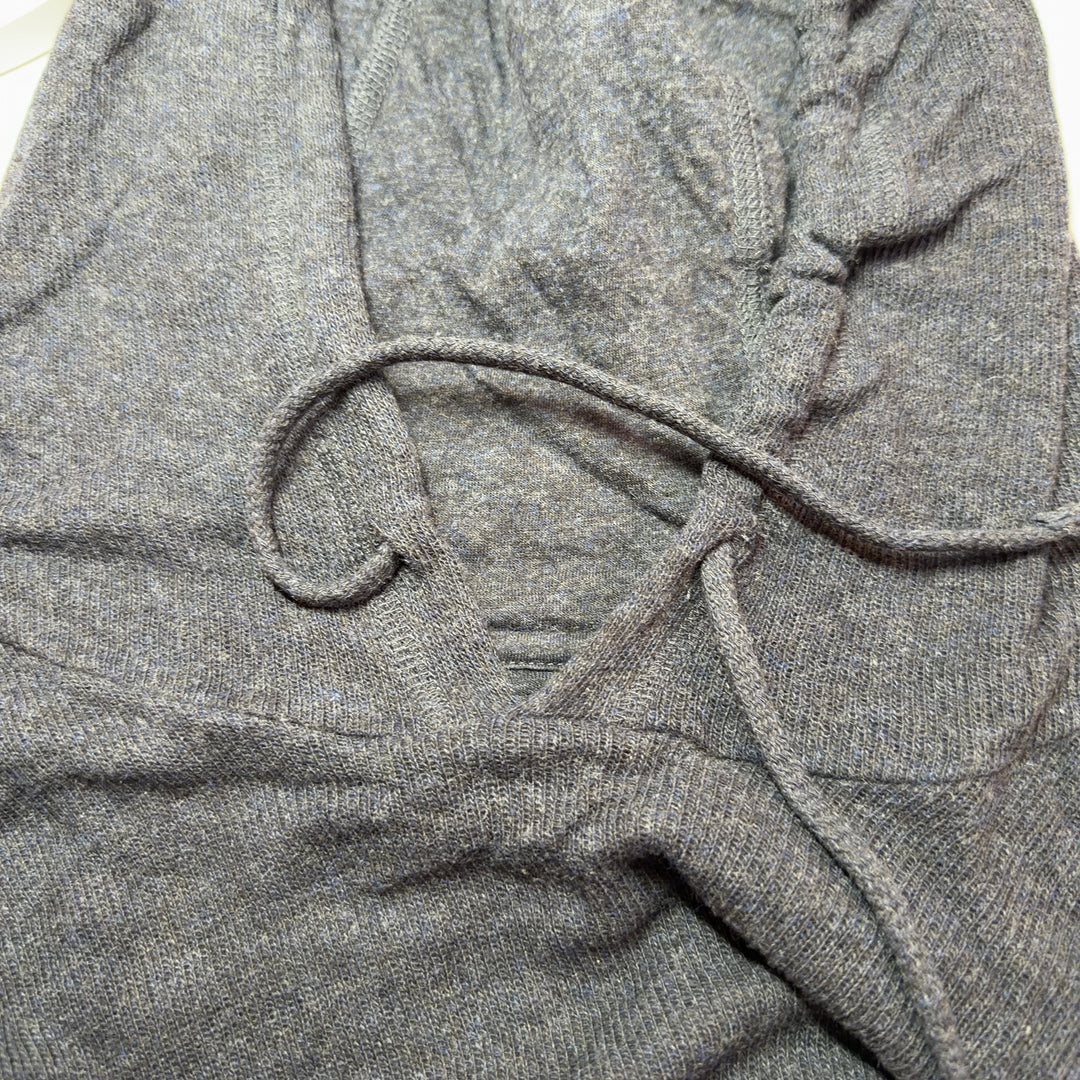 Charcoal cotton knit hoodie pullover with v-neck and drawstring hood, back view