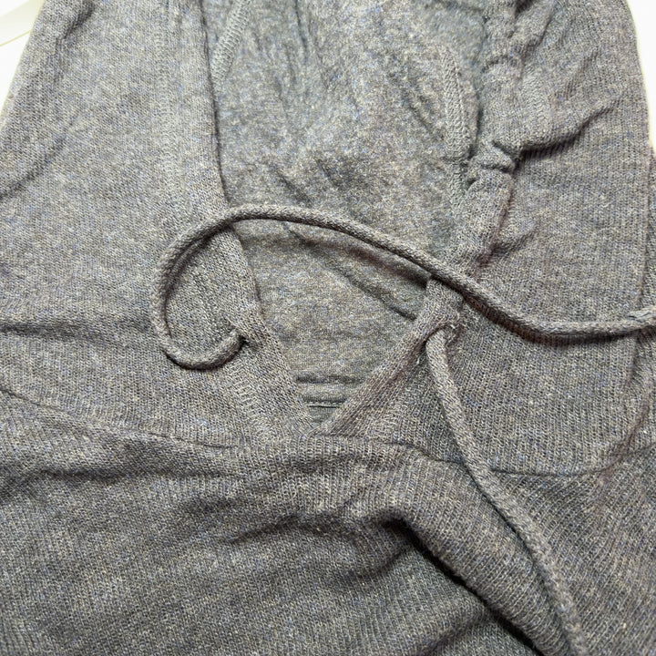 Charcoal cotton knit hoodie pullover with v-neck and drawstring hood, back view