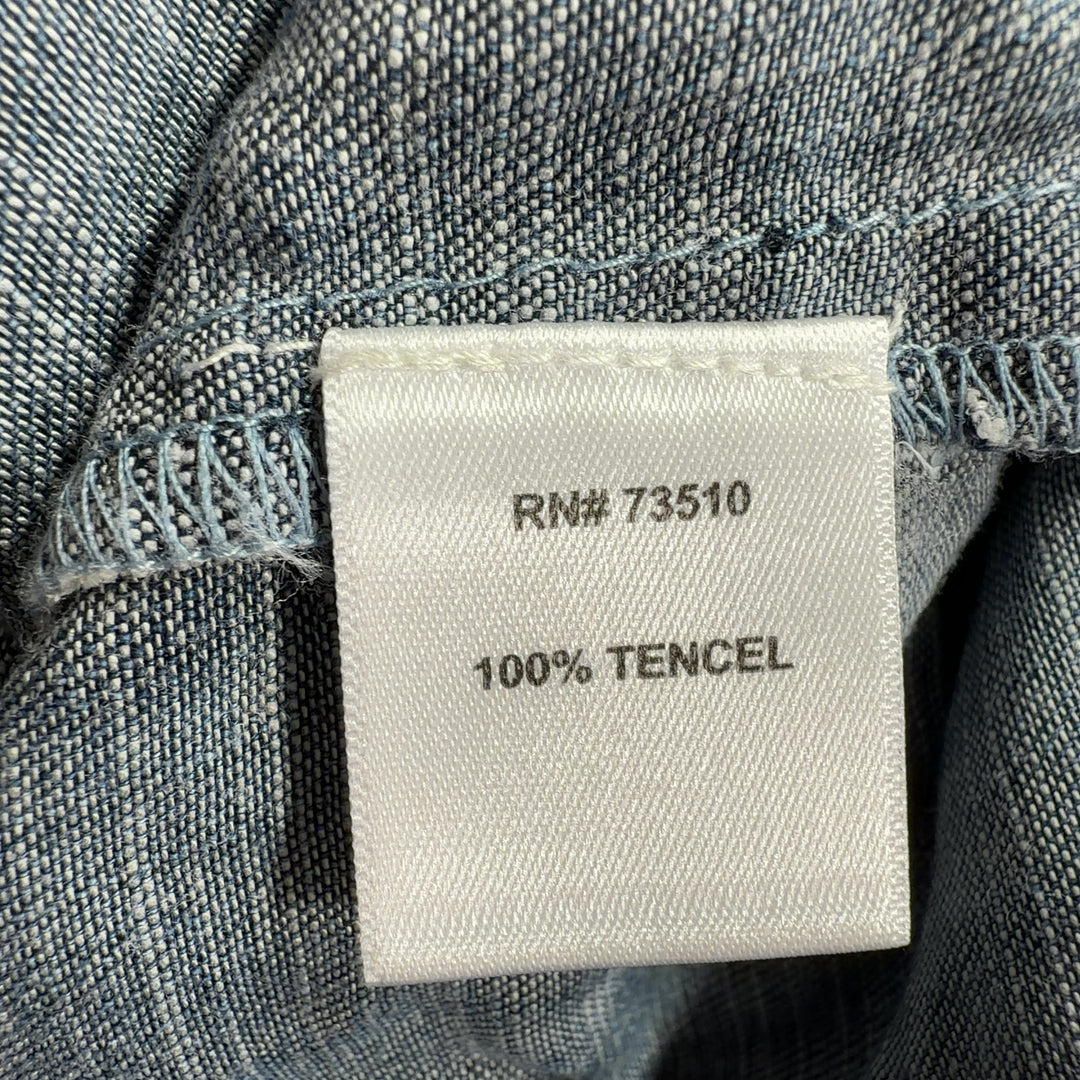 Blue Tencel short sleeve dress with gathered waist detail, back view