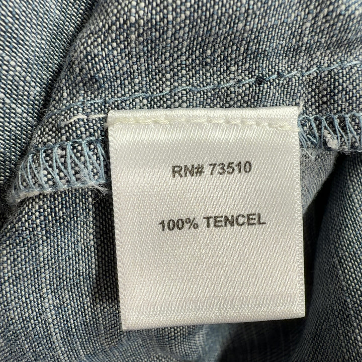 Blue Tencel short sleeve dress with gathered waist detail, back view